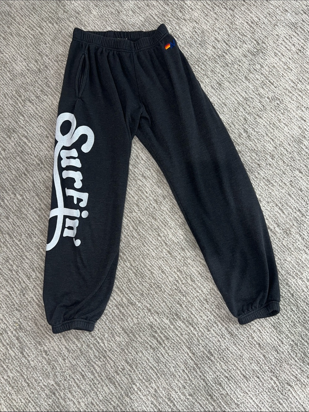 Men’s Aviator Nation Black Sweatpants with White 'Surfin' Graphic